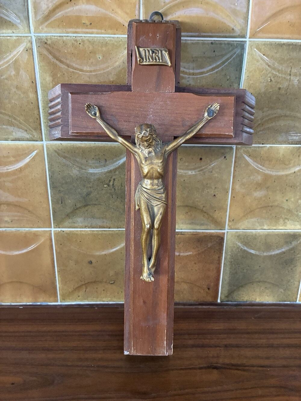 Vintage Catholic Last Rites Sick Call Crucifix Wooden & Brass Cross w/ Candles